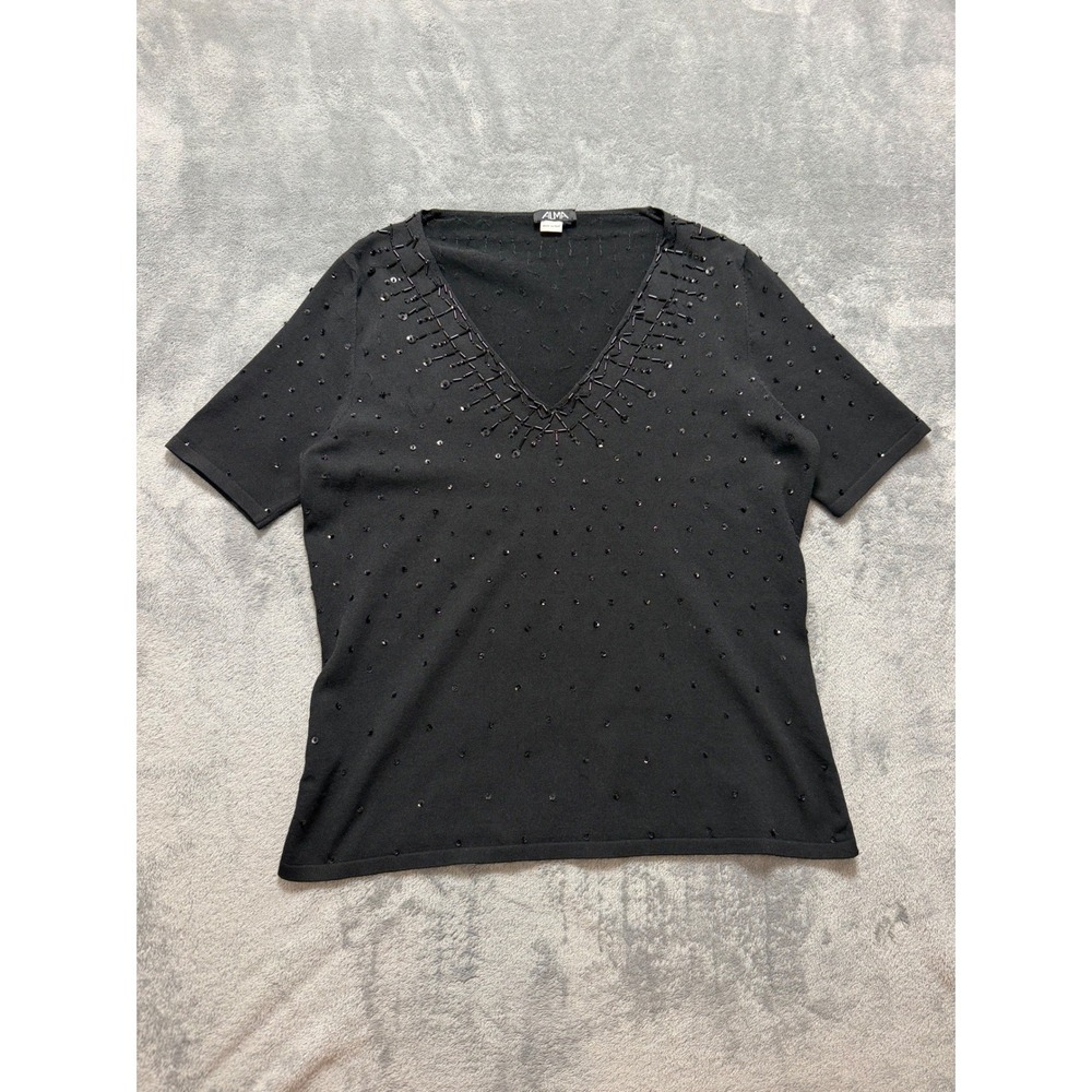 Vintage Made in Italy Old Money Black Beaded V Neck Short Sleeve Top Mob Wife M